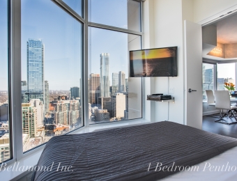 Breathtaking City View from the Bedroom of the 1 Bedroom Penthouse Apartment at Bellamond Yorkville